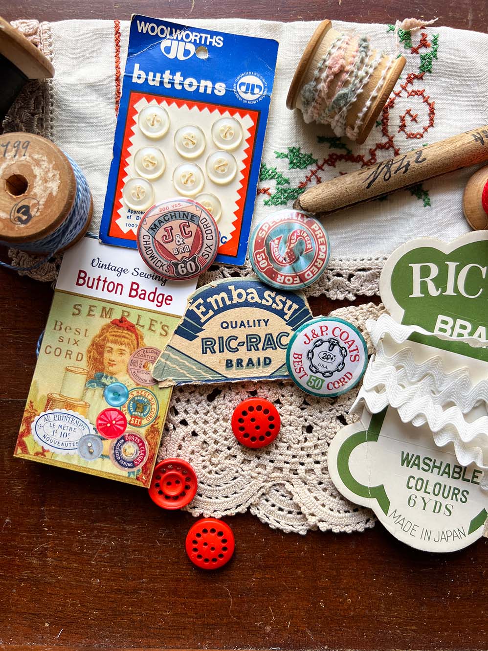 Button Badge 'J &amp; P Coats Thread Spool Label Set B' (Vintage Sewing series)糸巻きラベル