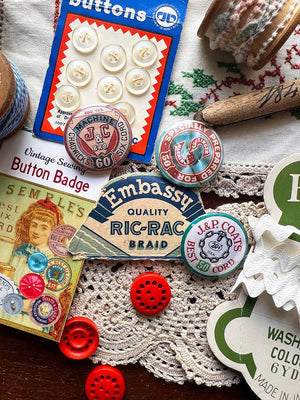 Button Badge 'J &amp; P Coats Thread Spool Label Set B' (Vintage Sewing series)糸巻きラベル